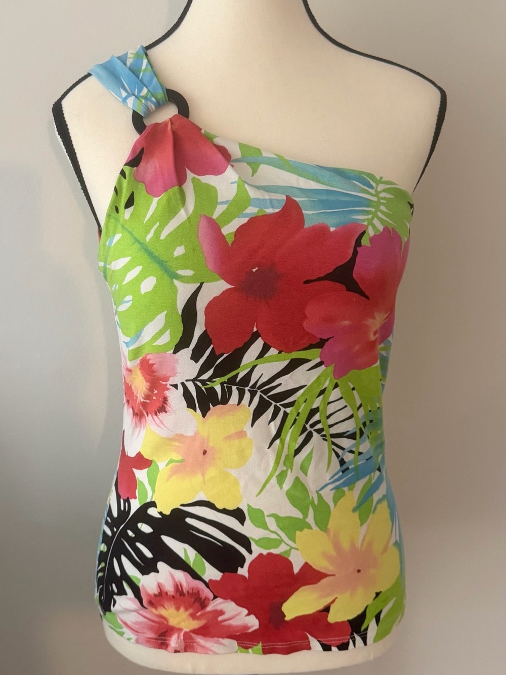 Cache Vintage Tropical One-Shoulder Kids One-Piece Swimsuit - Floral Print Small